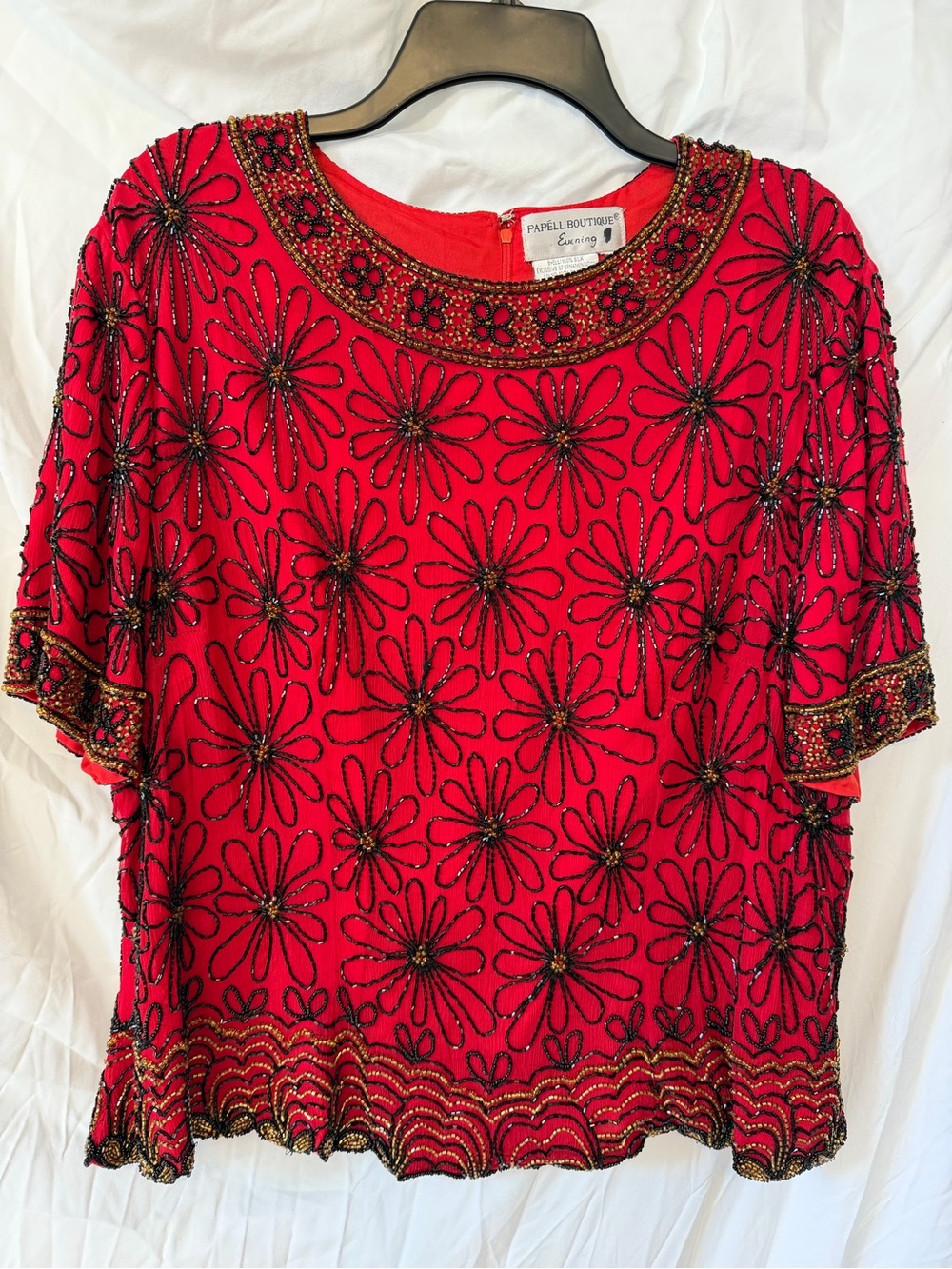 Papell Boutique Red Beaded Floral Evening Blouse